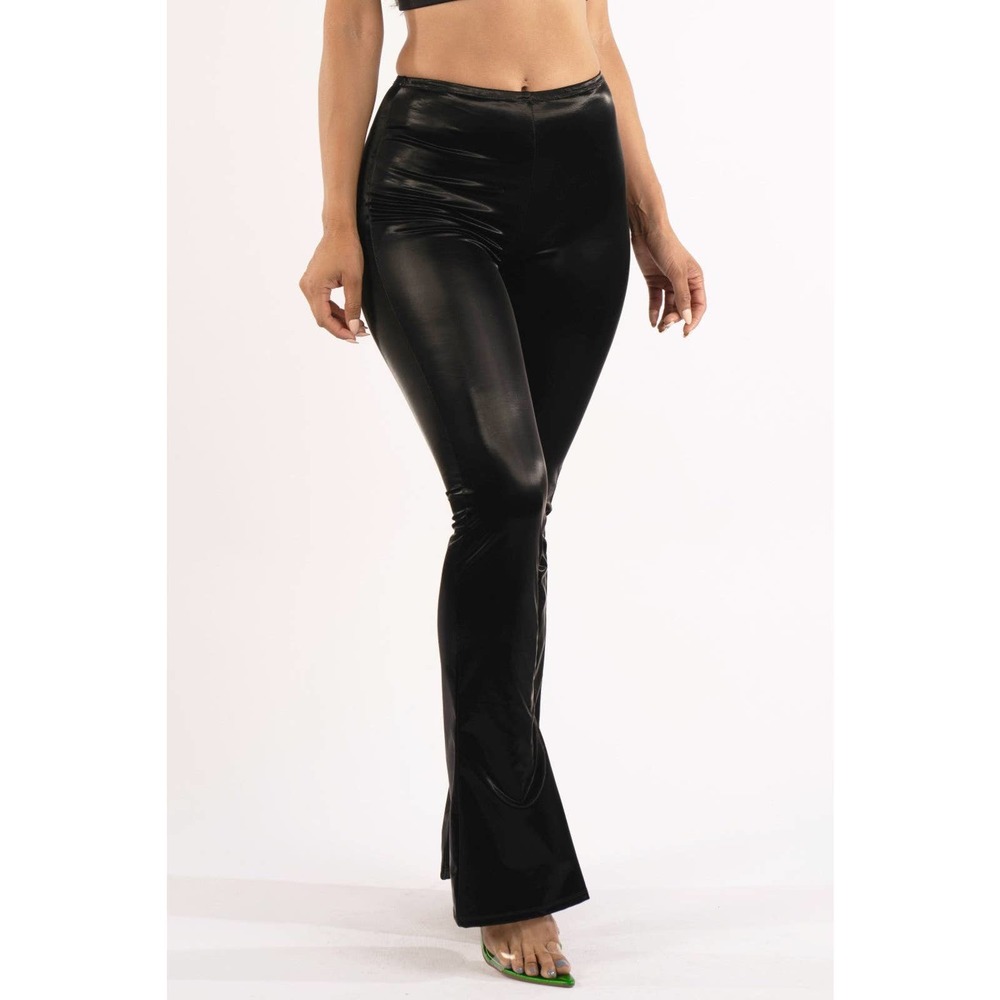 Smooth Faux Leather Like Flared Pants in Black Size M
